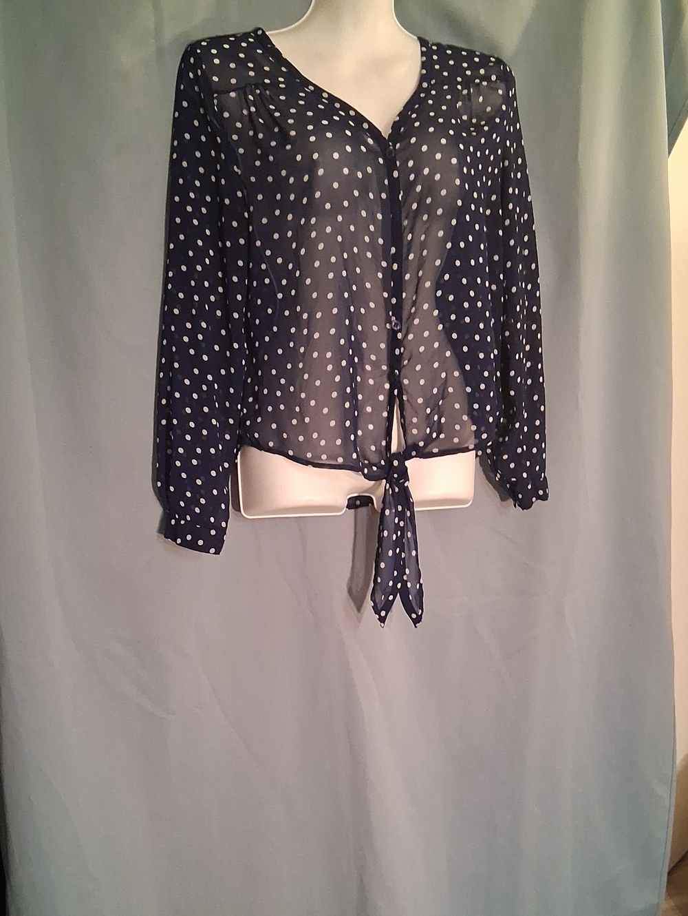 Polka Dot Tie-Front Blouse - Navy
